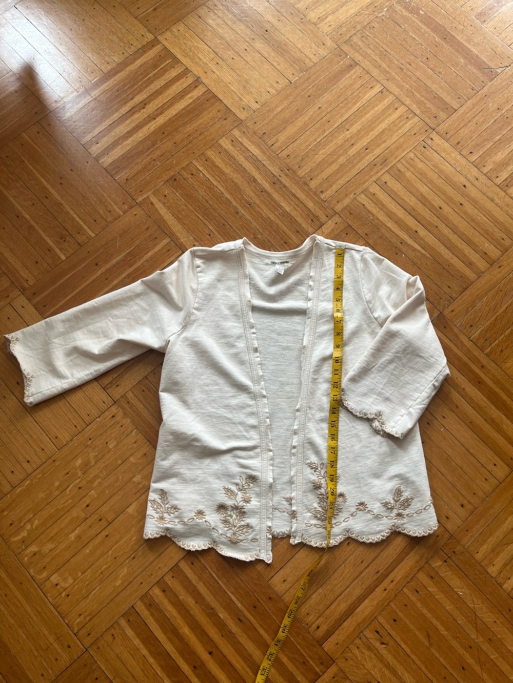 Lucky Brand • Embroidered Cream Open Front Cotton Cardigan